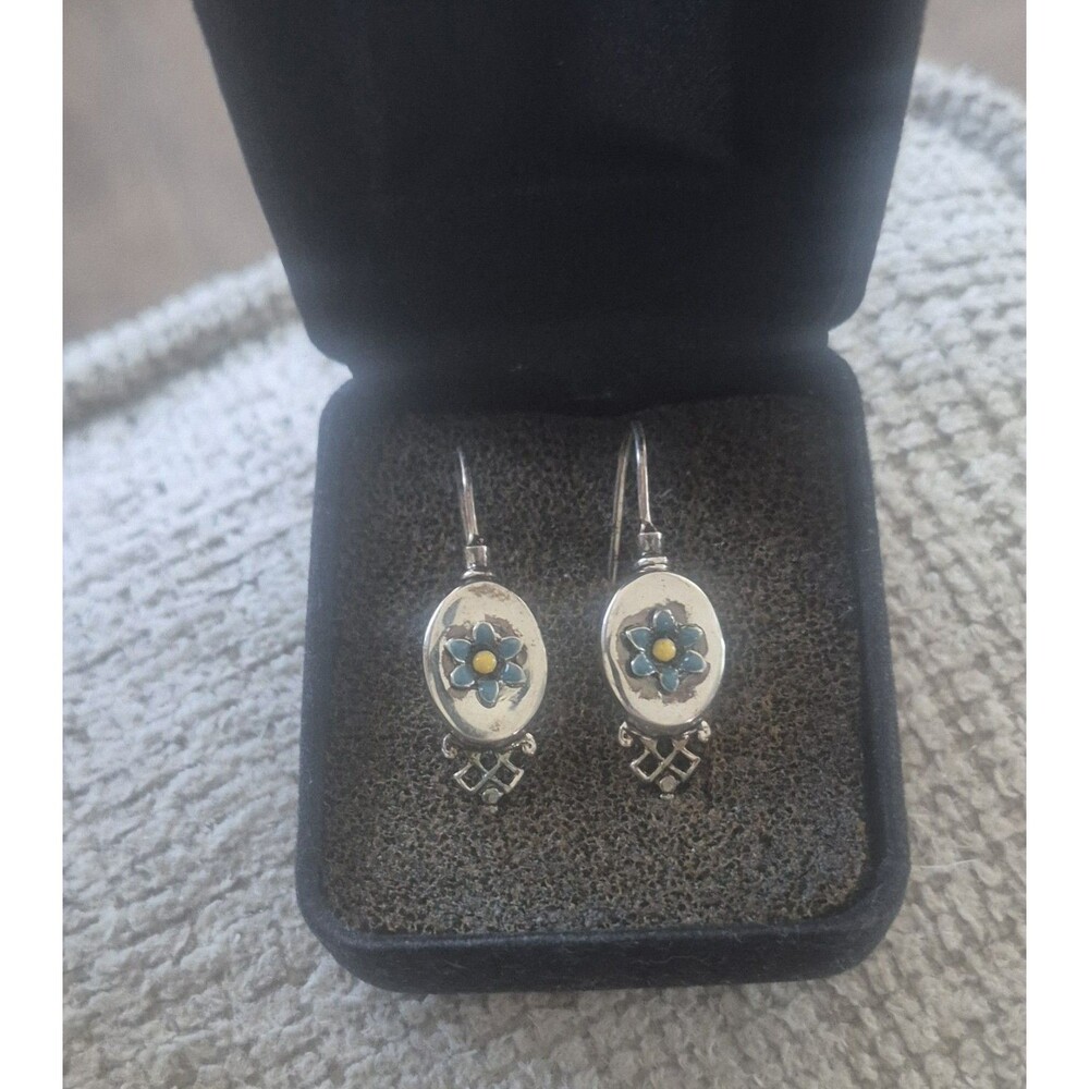 Vtg 925 Sterling Silver Flower Cloisone  Enamel Drop Dangle Earrings Blue
